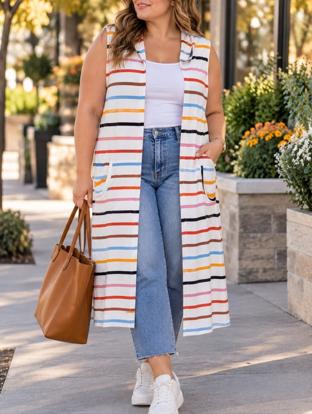 Cyrus White Multi Stripe Sleeveless Hooded Long Cardigan Vest Stretch Pockets